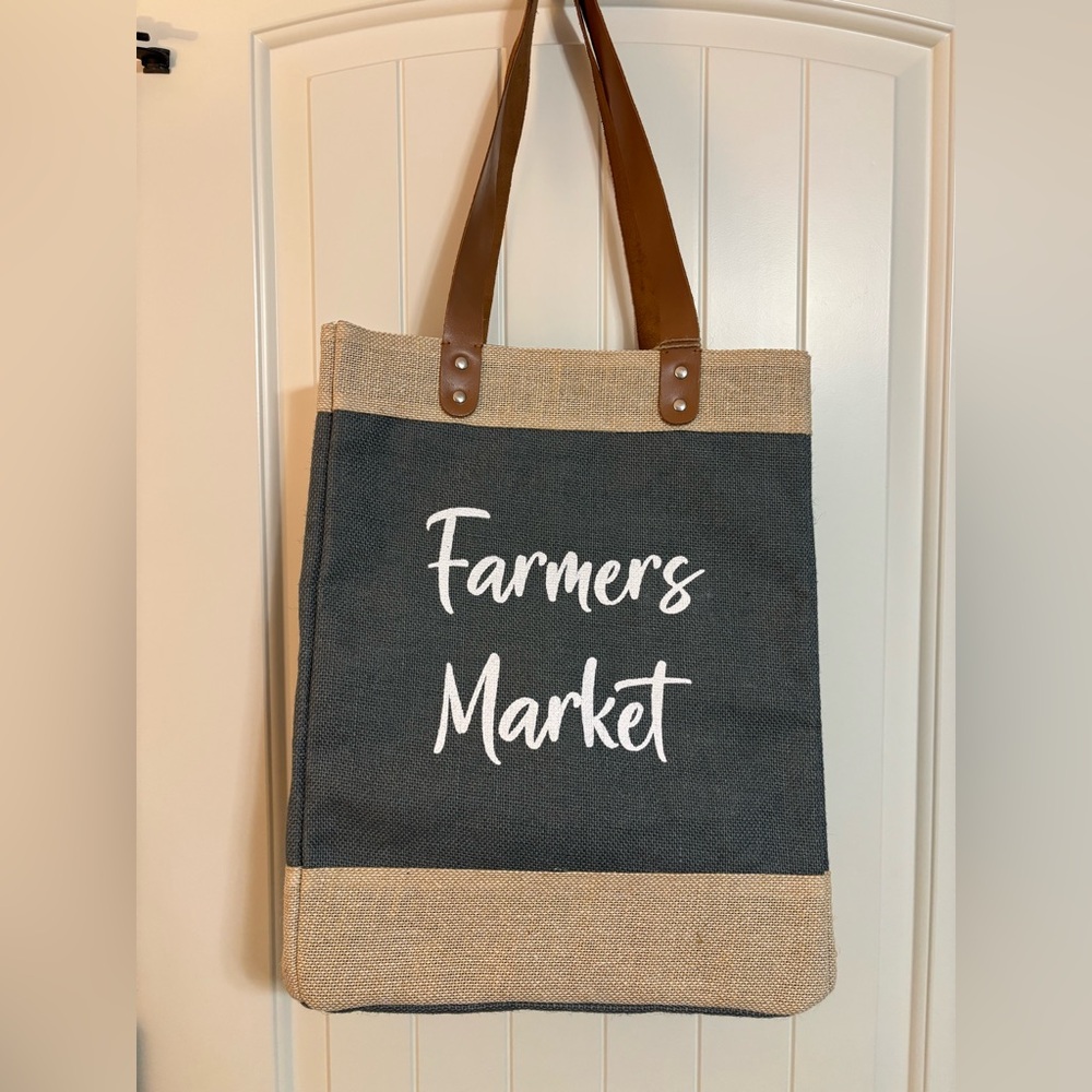 Farmers Market Jute Tote Bag with Brown Handles